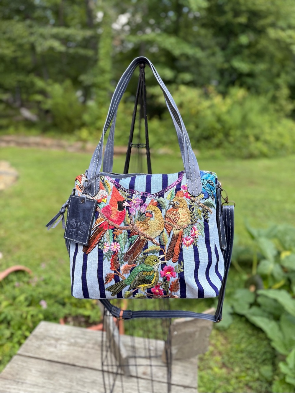 Embroidered Bird Stripe Tote Bag in Blue